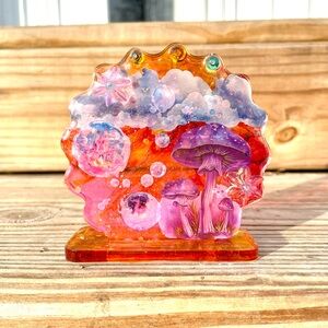 Whimsical Resin Art with Mushrooms in Orange and Purple